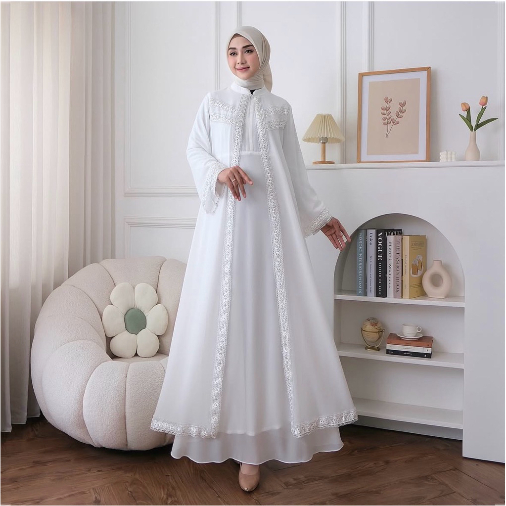 NEW PORODUK SAKHA - GAMIS PUTIH PREMIUM MUSLIMAH ELEGAN RENDA MEWAH DRESS WANITA PANJANG SYARI