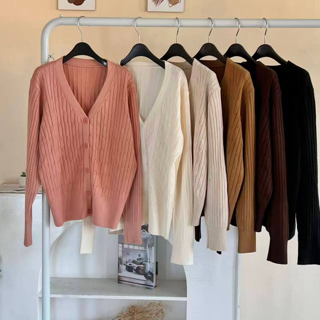 Cardigan Rajut Wanita // Outer V-Neck Rajut Lengan Panjang // Atasan Knit Korea Broken White Elegant