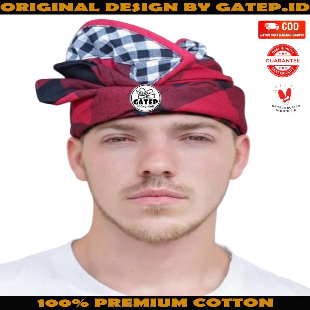 Udeng Bali Merah Hitam Kotak Kotak Poleng Setengah Jadi / Ikat Kepala Bali / Topi Bali / Blangkon