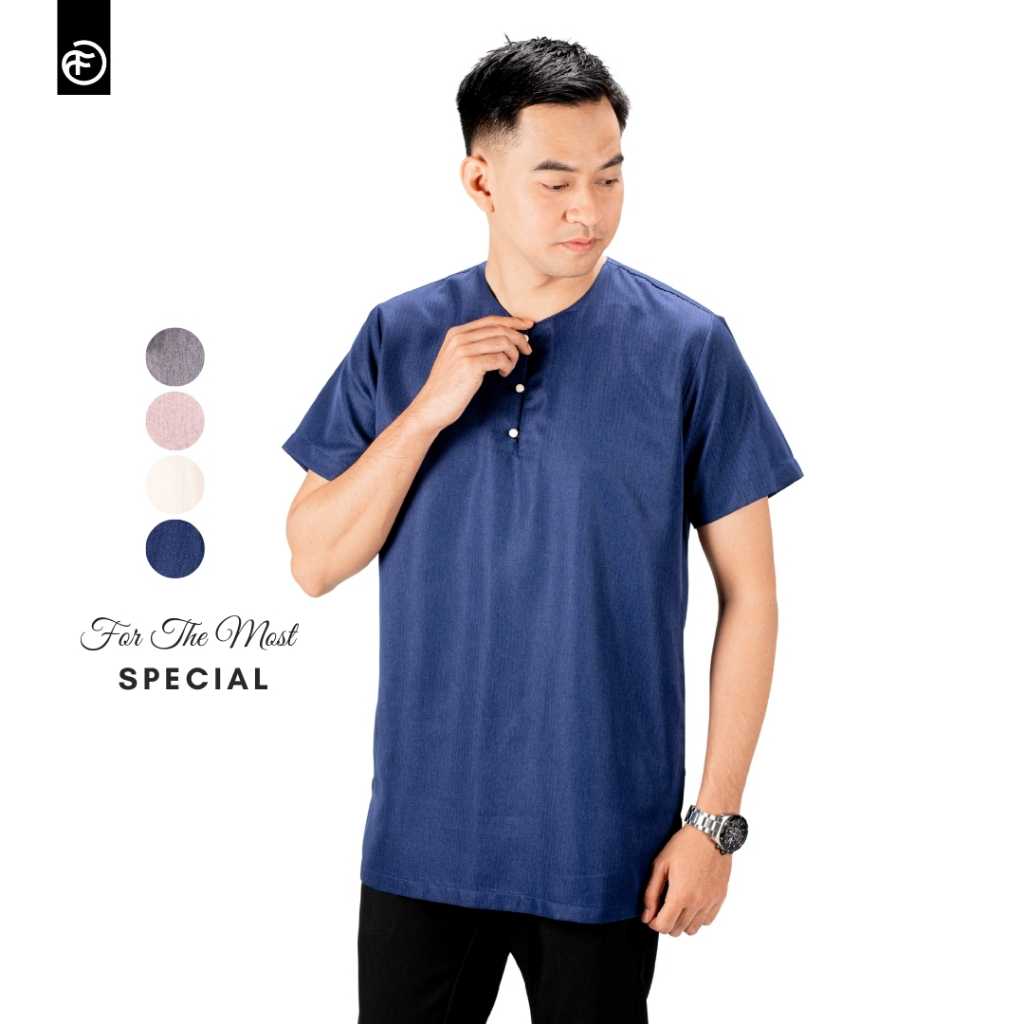 FOBDG Nusantara Baju Koko Atasan ULIN Biru Navy Kurta Lengan Pendek Tanpa Kerah Muslim Dewasa Fashio