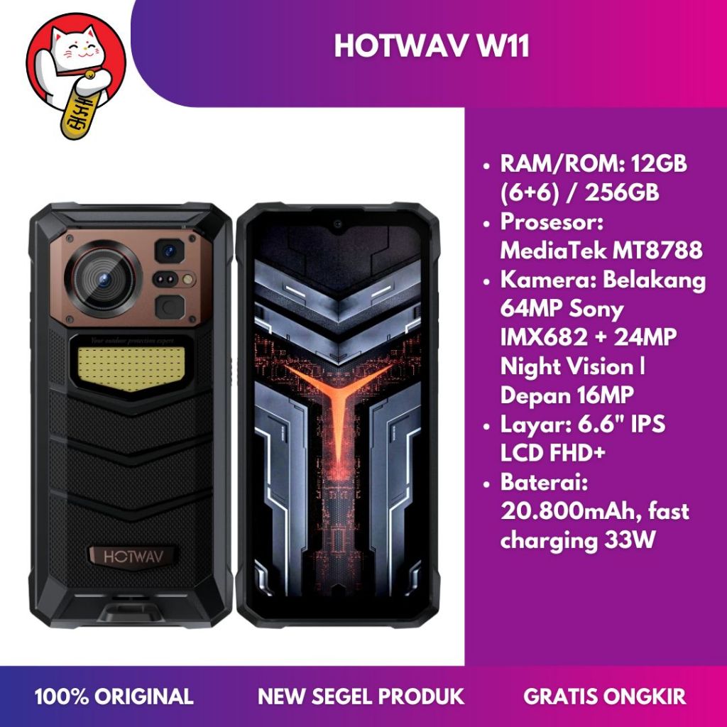 HOTWAV W11 Rugged Smartphone Android 13 RAM 12GB 256GB Baterai 20800mAh Tahan Banting