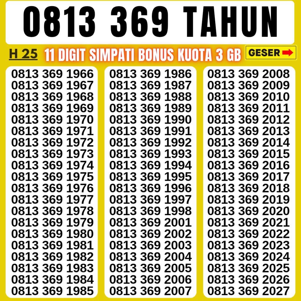 NOMOR CANTIK 11 DIGIT TELKOMSEL TAHUN LAHIR 369 BONUS KUOTA 3GB NOMOR CANTIK 369 TELKOMSEL 4G 5G NOC