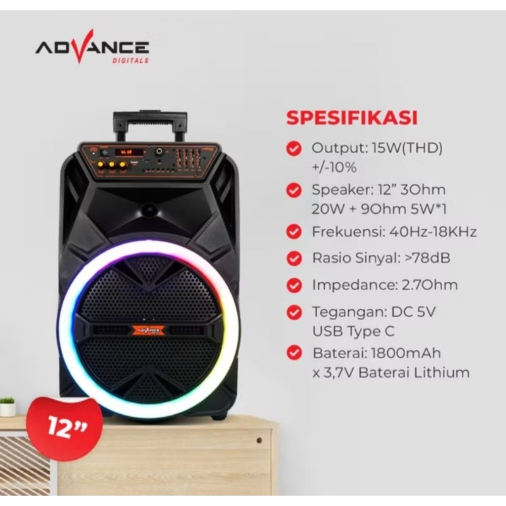Advance KS-2613 /Speaker Bluetooth Super Bass Karaoke 12 Inch Subwoofer Speaker + 2 Mic Wireless