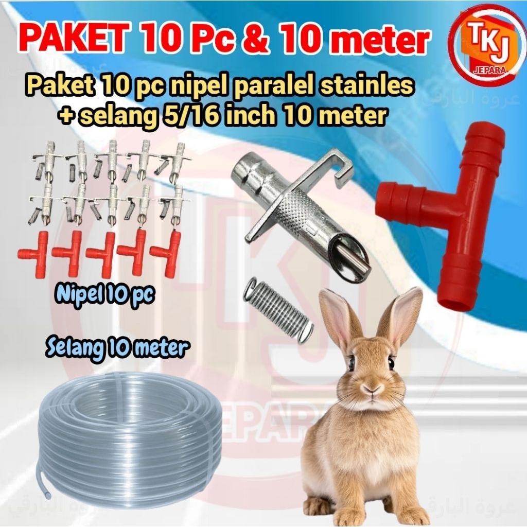 paket 10 pc nipel + selang 10 meter nipel kelinci paralel stainles M2  / yellow M1 untuk Nipel minum