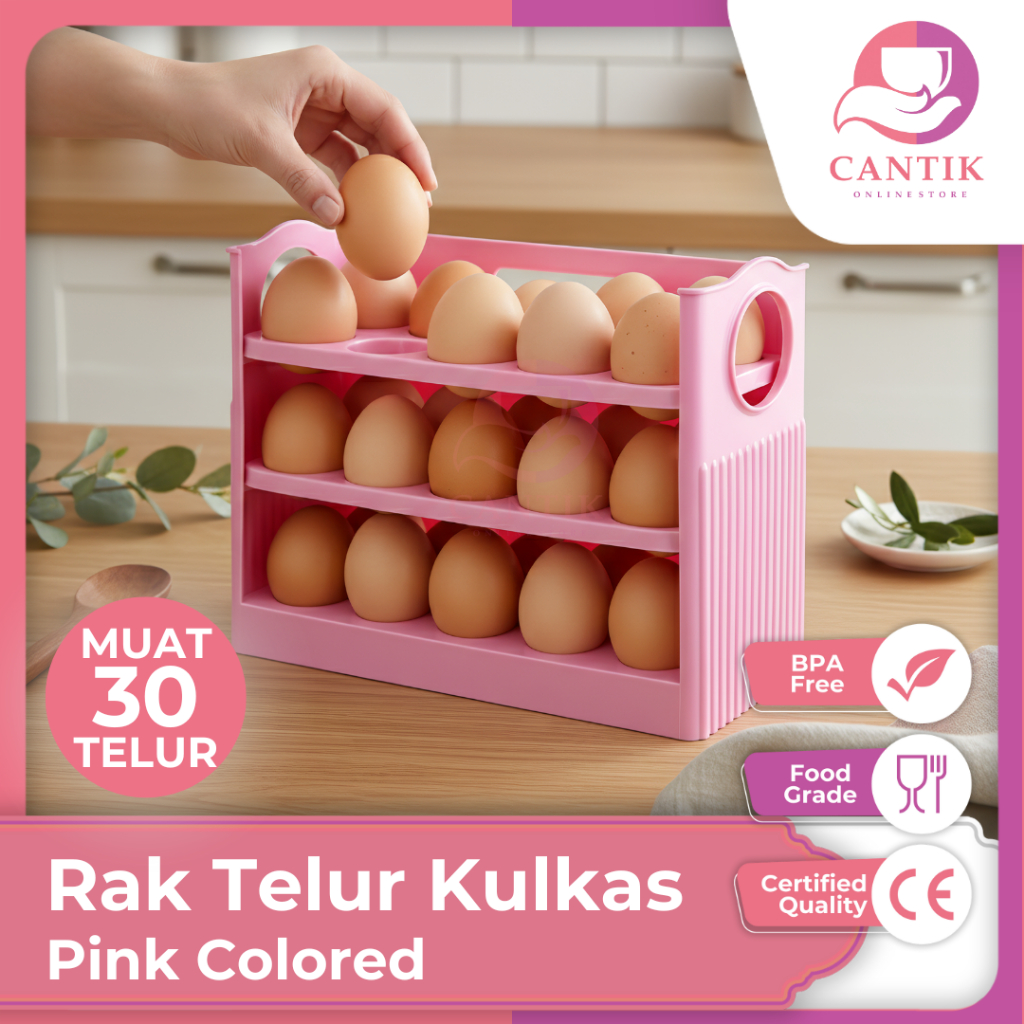 Rak Telur Kulkas 30 Butir Plastik 3 Tingkat Otomatis Wadah Penyimpanan Minimalis Merk MadameBox Warn