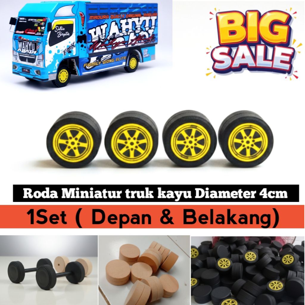 Roda miniatur truk oleng kayu[ 1 SET depan belakang ] Ukuran roda diameter 3,7cm/4cm
