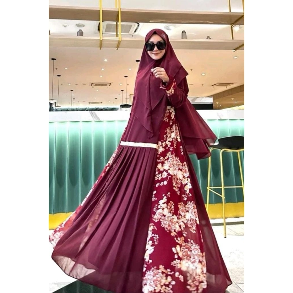 GAMIS SYAR'I WANDA MAROON POLOS KOMBINASI BUNGA BAHAN CERUTY MIX PRINTING + KERUDUNG SYAR'I || HARGA