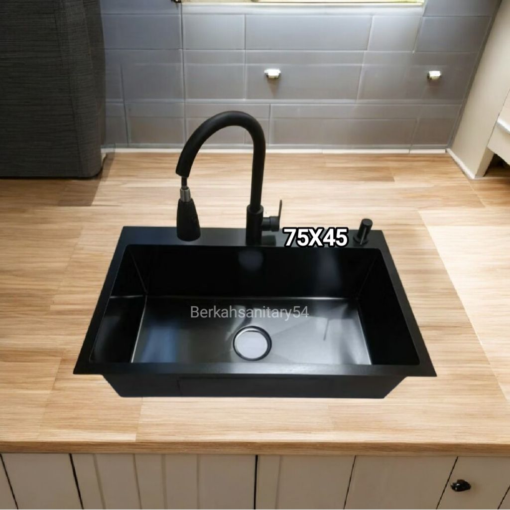 Paket Lengkap Bak Cuci Piring 1 Lubang Hitam Ukuran 75X45 cm Stainless Sus 304/Kitchen Sink 1 Lubang
