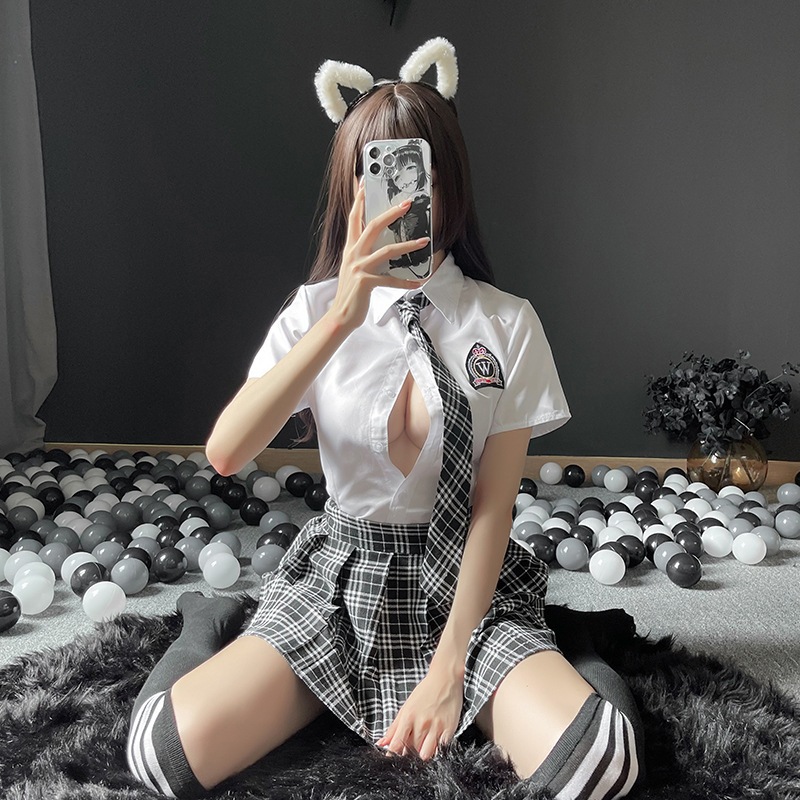MQtokoup Sexy Cosplay Costume Girl Student Pelajar Fit School Sekolahan Rok kotak-kotak dan kemeja d