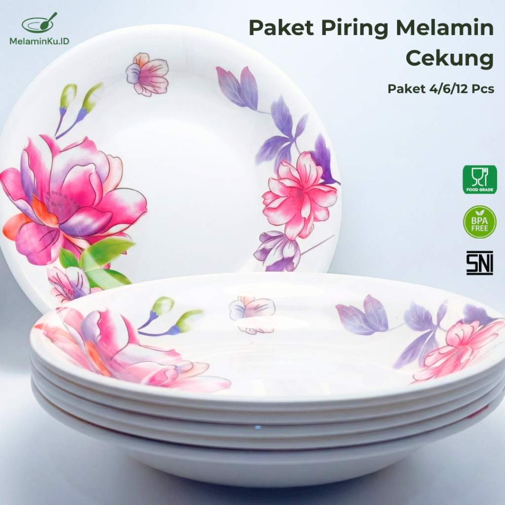 1 Lusin Piring Melamin Cekung Tebal Motif Bunga Ukuran 9 inch
