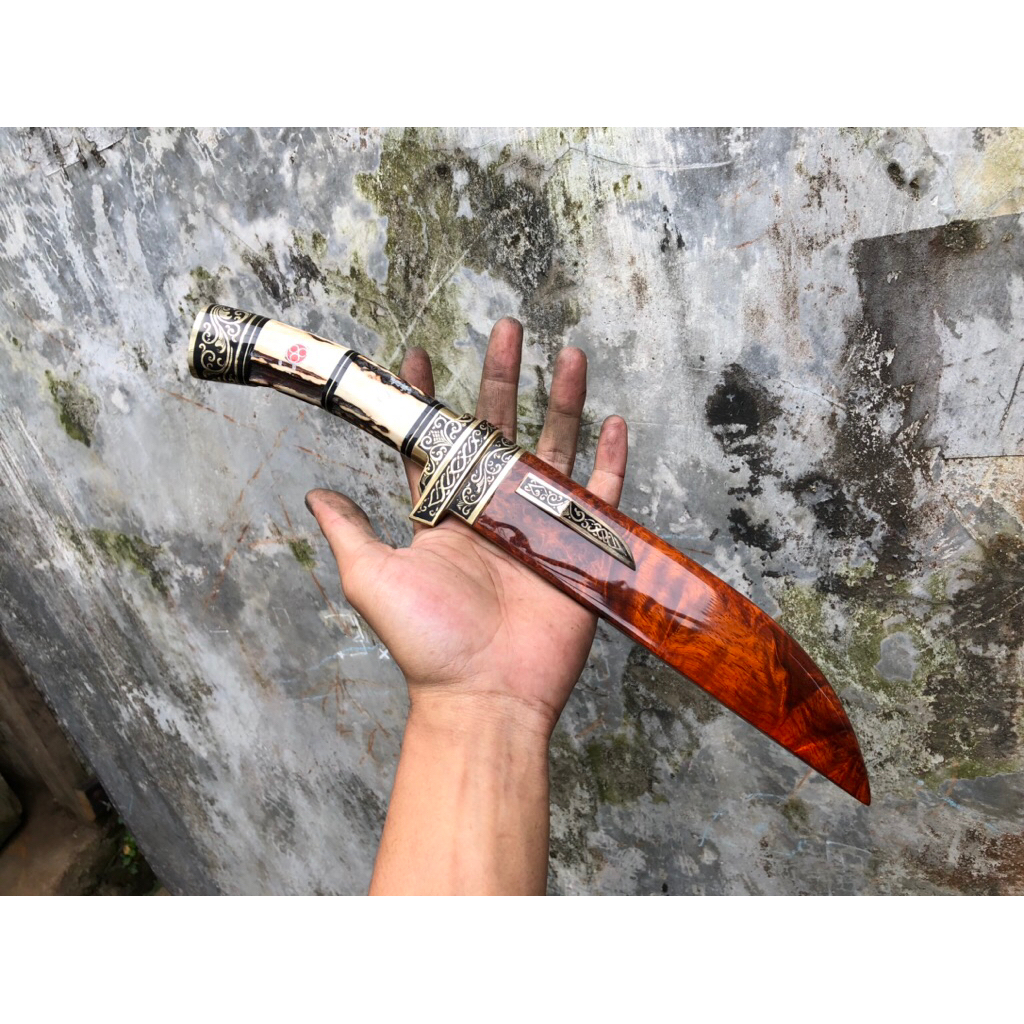 Pisau Sembelih Baja BOHLER N695 20cm 59 HRC Tajam - Sarung Kayu BURL, Gagang Tanduk, Fulltan di Pin