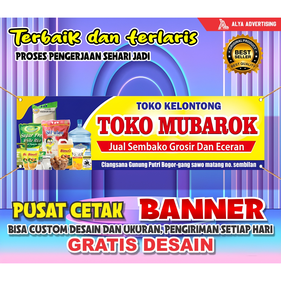 PRINT CETAK SPANDUK BANNER PREMIUM toko sembako,kebutuhan rumah tangga Free Desain Costum hasil lebi