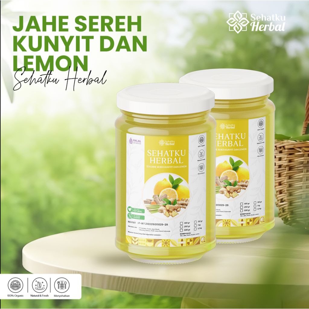 Sehatku Herbal Teh Jahe Sereh Kunyit Dan Lemon Bubuk kemasan Botol Jar isi 500 Gram