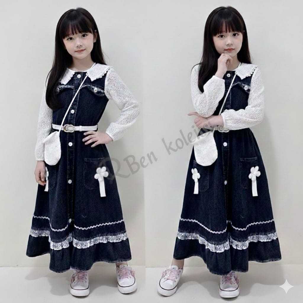Gamis Jeans Brukat Anak Perempuan 3-12 Tahun