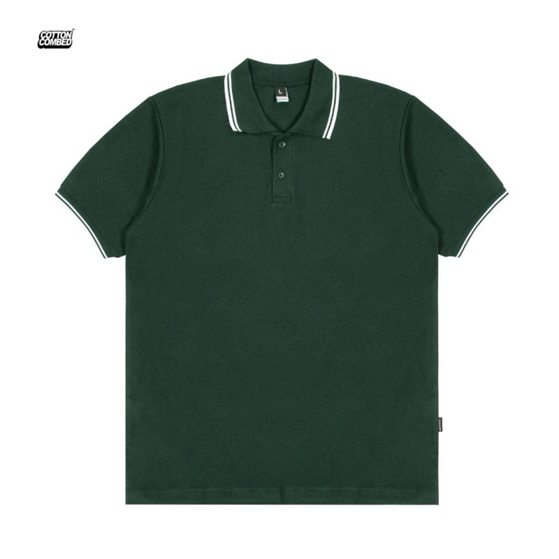 Cottoncombed | Polo Shirt | Polo Shirt Hijau Tua Strip Putih | Polo Shirt Premium | KATUN PREMIUM | 