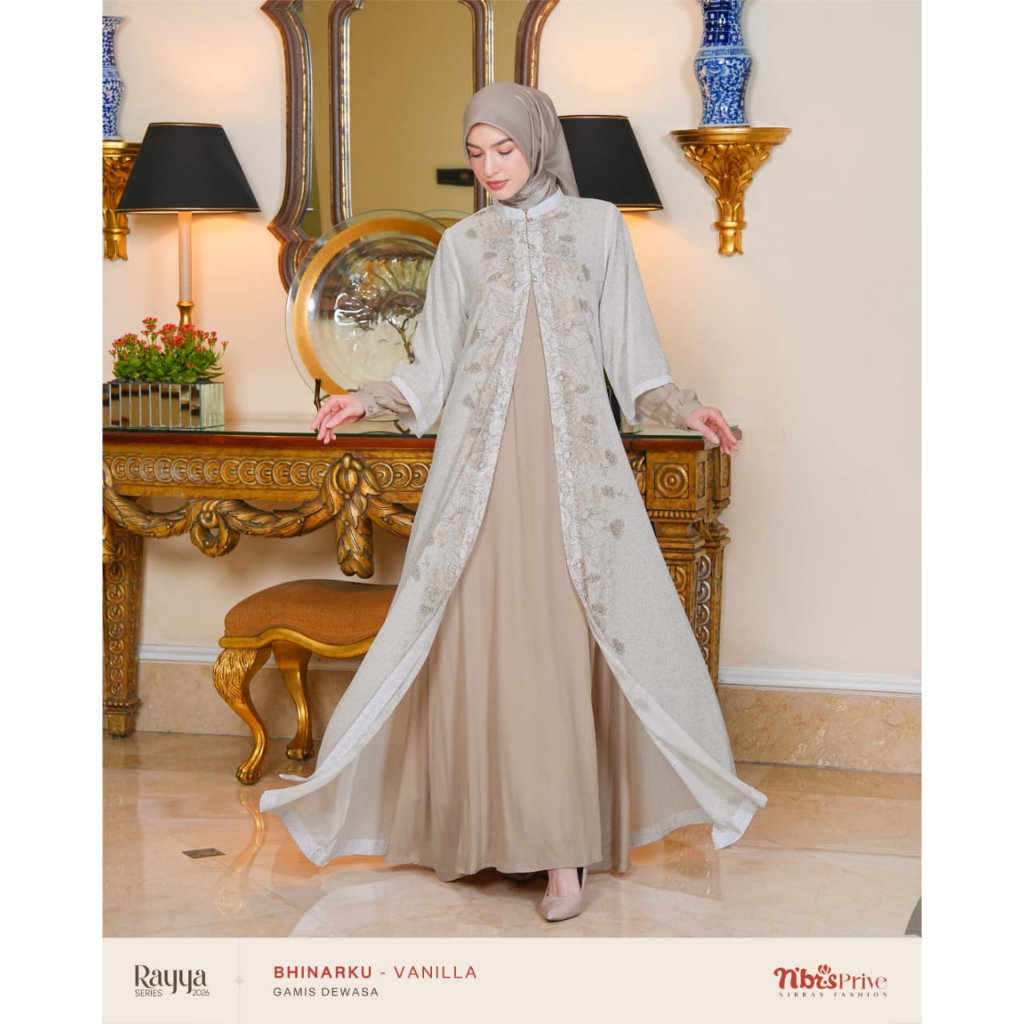Bhinarku Vanilla Gamis Prive Variasi Motif Bunga & Geometris Lengan Panjang Inner Rayon Outer Cerutt