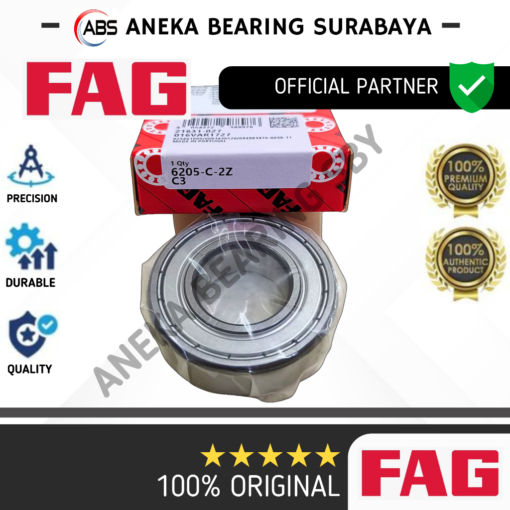 BALL BEARING 6205 2Z C3 FAG ASLI ORIGINAL LAHER LAKER 6205ZZC3 TUTUP BESI 25X52X15