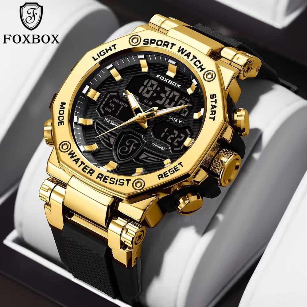 FOXBOX Men's Dual Display Electronic Watch Waterproof Electronic Watch Night Light Student Sports Wa
