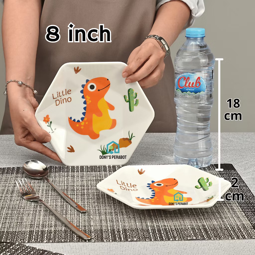 CLASHOP-Piring Segi Enam Melamin Motif Dinosaurus/Piring Heksagonal Lucu Dinosaurus /Piring Melamin