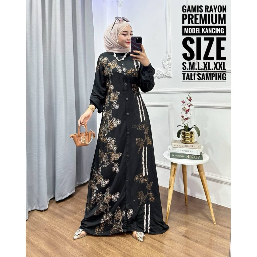 Gamis Twill Rayon Cap Malaman Premium Full Kancing Busui Friendly Panjang Motif