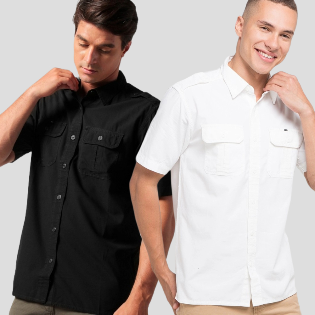MGee Kemeja Pria Kerja Outdoor BUMN Lengan Pendek Hitam & Putih Shirt Ranger C001 White & Black