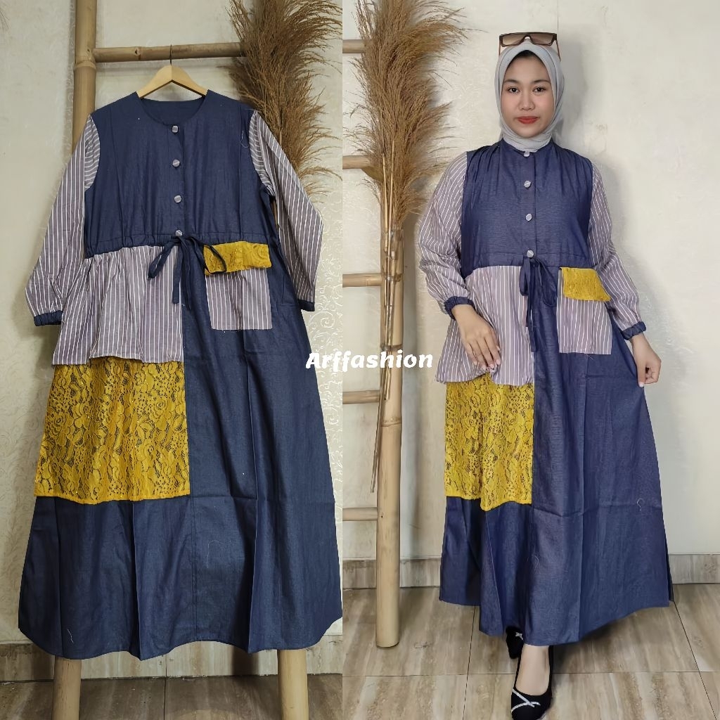 Dress wanita bahan jeans denim/baju gamis kombinasi salur brukat/Dress kekinian Lebaran 2026