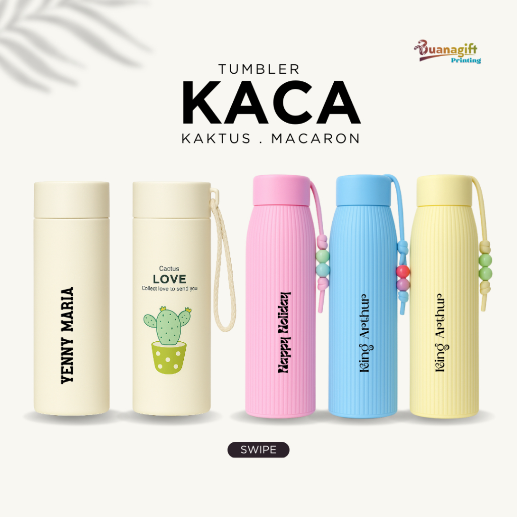 Buanagift Printing Tumbler Kaca Macaron Kaktus Free UV Print