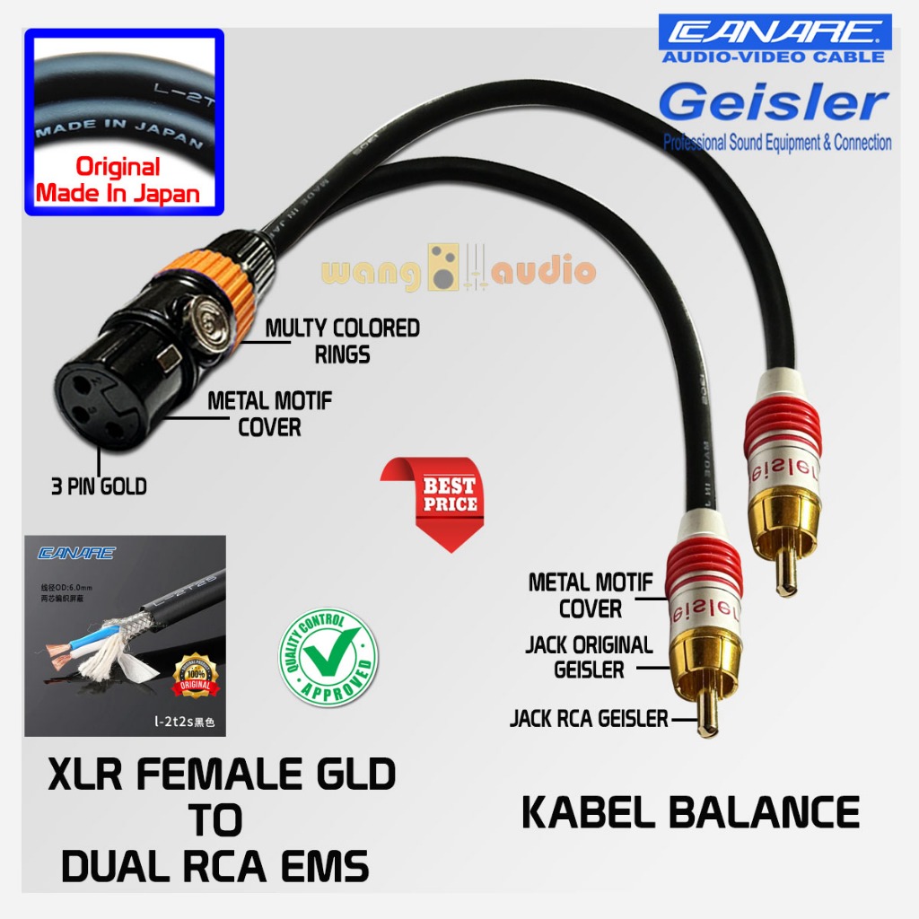 MADE IN JAPAN 2 CABANG - Kabel audio / kabel speaker Balance 1x XLR Female GLD to 2x RCA EMS GEISLER