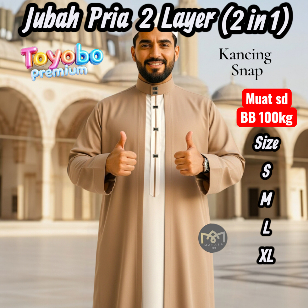 Jubah Gamis Pria Dewasa 2 Layer 2 in 1 TOYOBO PREMIUM ADEM Kancing Snap Impot Model Motif Haromain L
