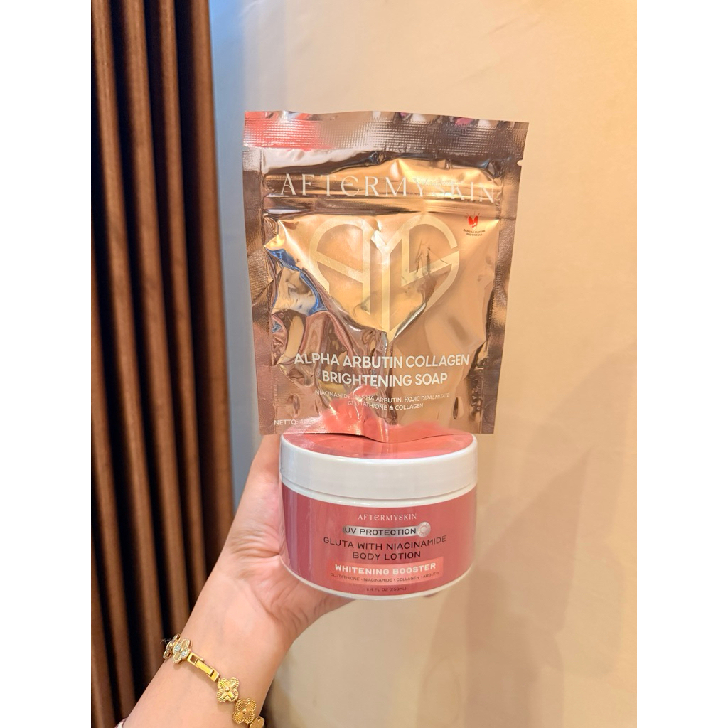 (GLOWING SET) AFTERMYSKIN NEW HB UV GLUTA COLLAGEN 250ML & SABUN AFTERMYSKIN ALPHA ARBUTIN