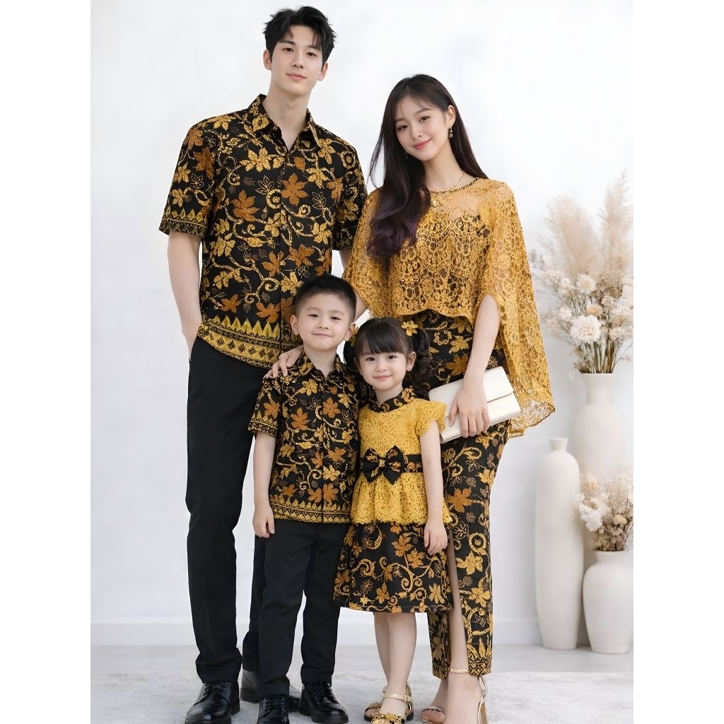 Baju Batik Couple Keluarga Ayah Ibu Anak Laki Perempuan Warna Mustard Gold | Sarimbit Keluarga Moder
