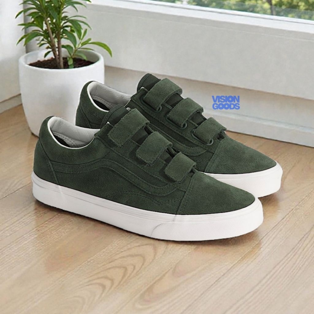 Sepatu Pria Wanita Vans Old Skool Velcro Suede Pine Forest Green Original