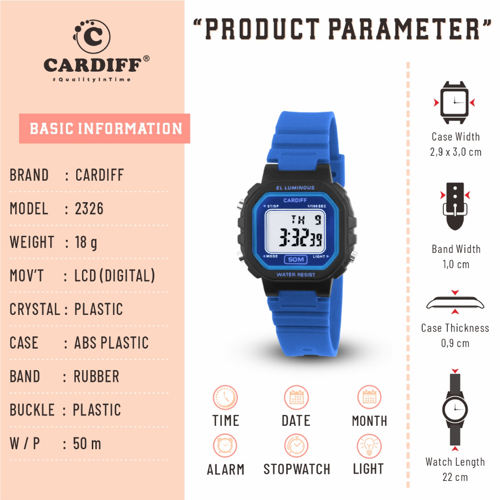 CARDIFF Jam Tangan LCD Karet 2326 2543 | Tahan Air | Pria Wanita | 5ATM