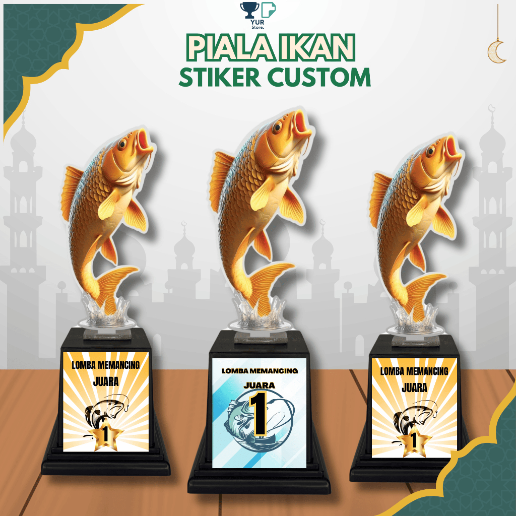 Piala Mancing Akrilik Motif Ikan Mas Sticker Custom Hadiah Lomba Mancing omba Ikan hias