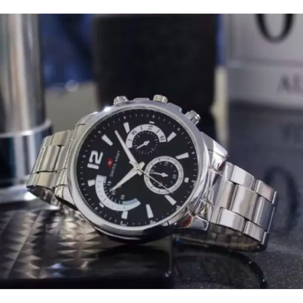 Jam Tangan Rantai Pria [Silver Hitam]