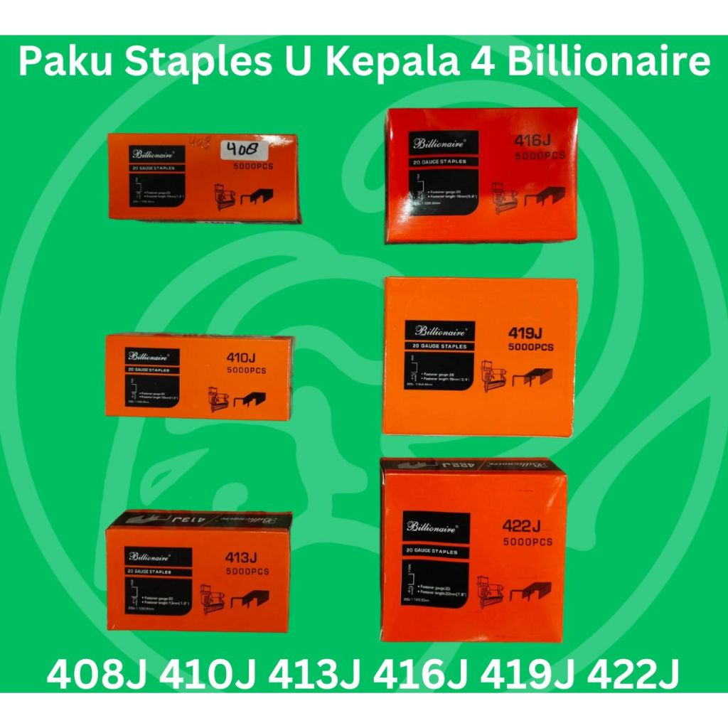 BILLIONAIRE Isi paku Staples U 408J 410J 413J 416J 419J 422J Isi Paku Tembak Air Nailer 422J