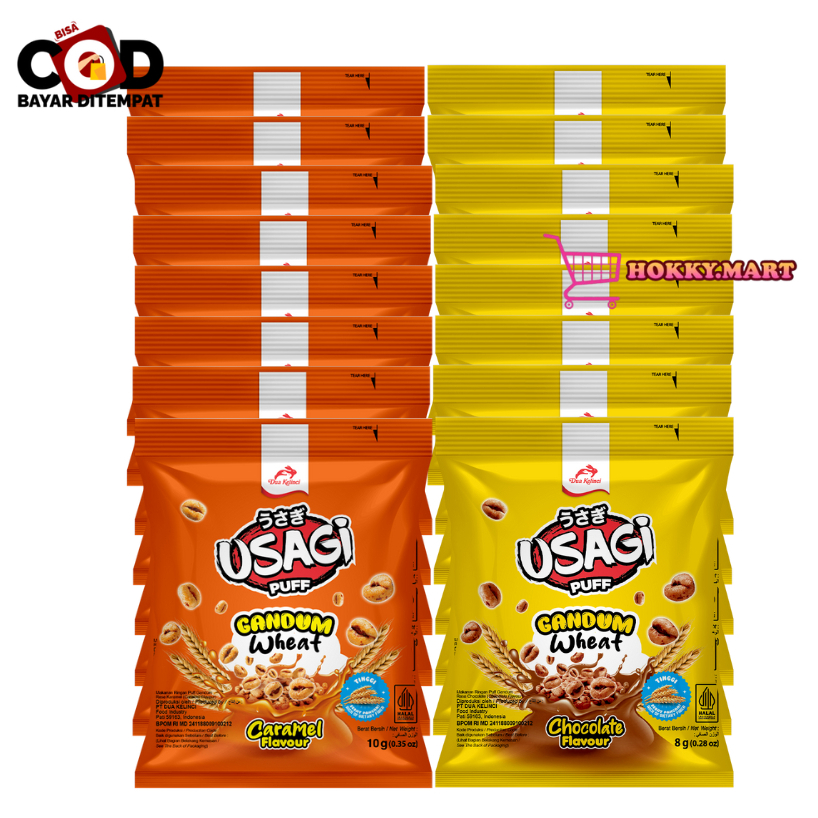 [ HOKKY ] Usagi Puff Gandum Wheat Caramel Coklat Renceng Isi 10 x 10gr Dua Kelinci Snack Cemilan Ana