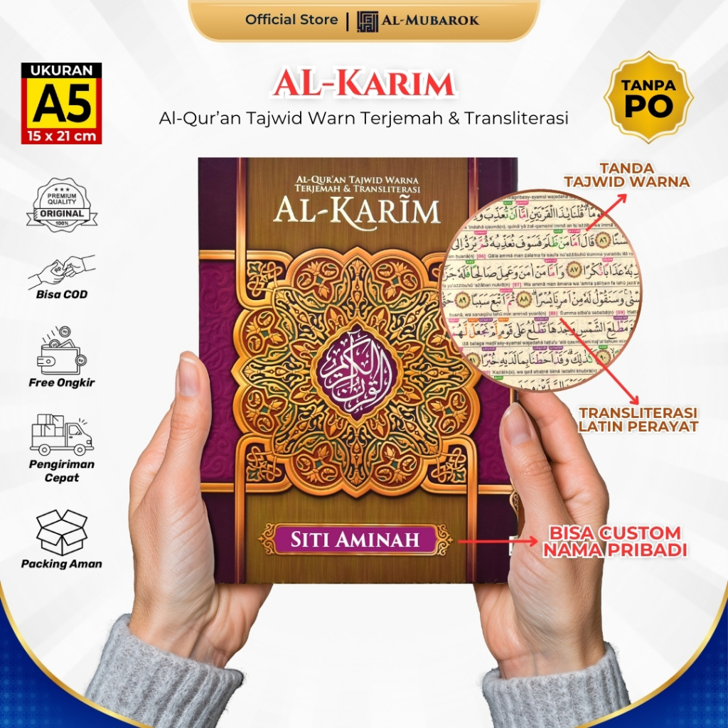 Alquran Sedang Custom Nama Al Karim Terjemah Tajwid Warna A5 Quran Trasliterasi Latin Terjemahan
