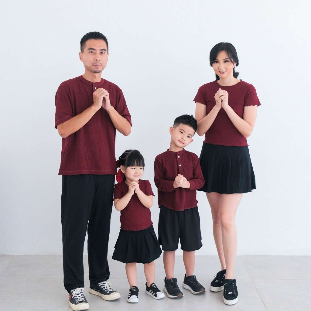 Isla Camila Maroon Family - Set Pakaian Keluarga - Baju Couple - Kemeja Lengan Pendek - Baju Imlek -