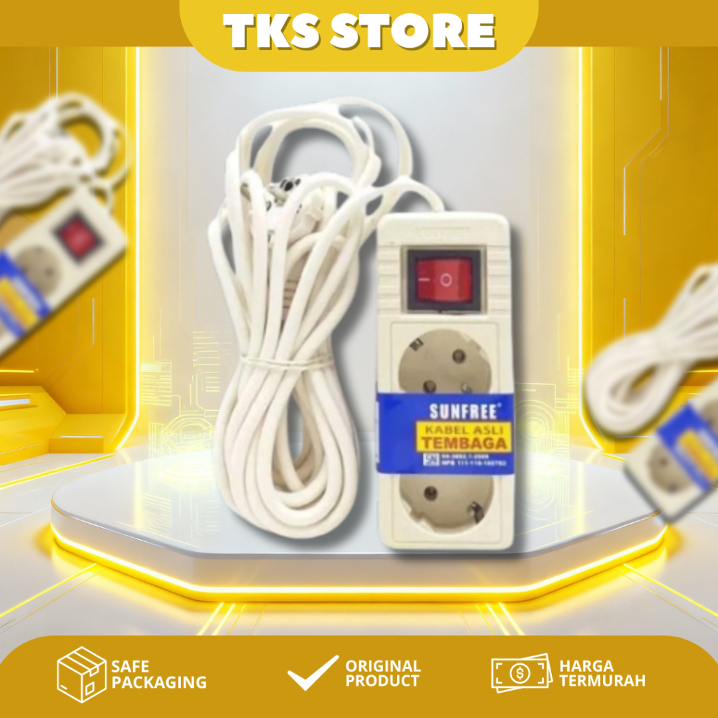SUNFREE Cok Sambung/Stop Kontak Sunfree 2 Lubang Panjang 5 Meter + Kabel/Stop Kontak Kabel