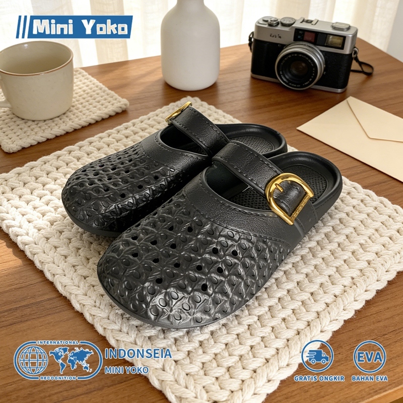 Miniyoko Sandal Slop Wanita Kekinian Model Fishnet Jaring Sepatu Flat Shoes Korea Sendal Teplek Jala
