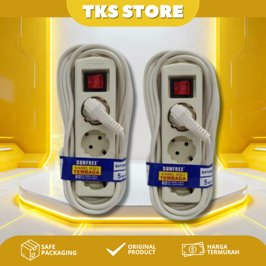 Sunfree Stop Kontak Kabel Cok Sambung 3 Lubang 5 Meter