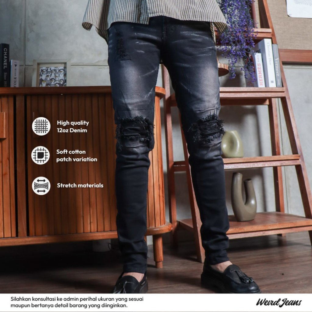 Weird Jeans  - Black Series "Vintage Black" - Celana Jeans Panjang Pria Slimfit Ripped Jeans