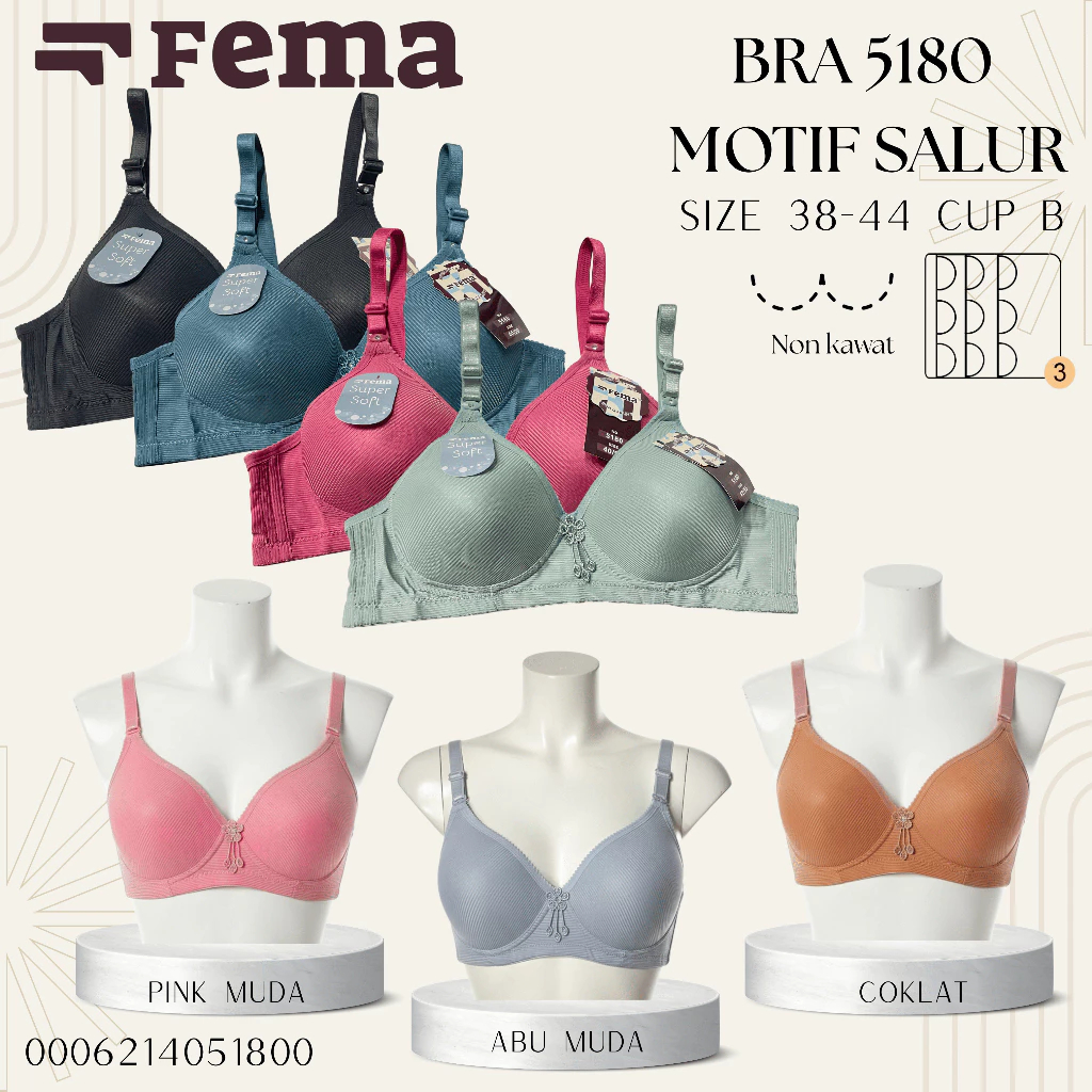 Bra FEMA 5180 Tanpa Kawat Ukuran 34-44 Cup B Motif Salur - BH Wanita Dewasa Super Soft Kait 3 & 2
