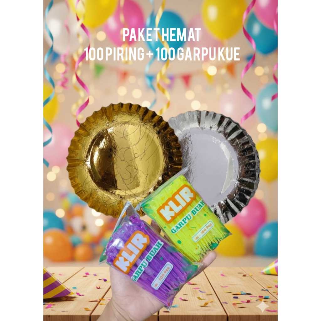 PAKET HEMAT 100 Piring Kue Kertas + 100 Garpu Buah / Kue Piring Kertas Emas Perak
