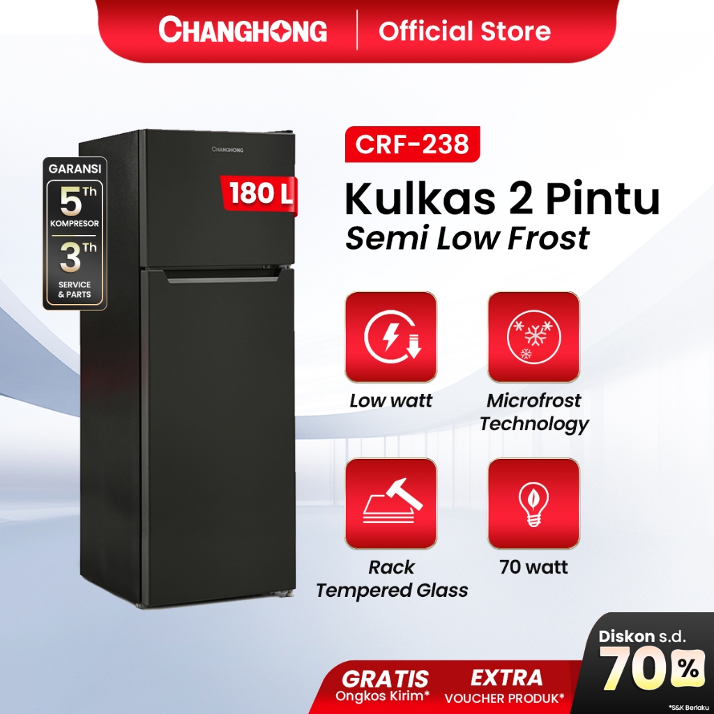 Changhong Kulkas 2 Pintu (Refrigerator) Lemari Es Kapasitas 180 Liter CRF238 - Black (semi auto defr