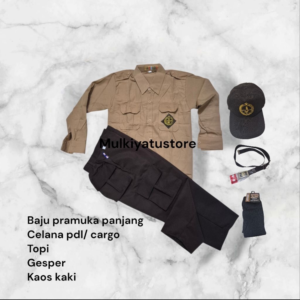 SERAGAM SEKOLAH SET PRAMUKA LAKI LAKI BAJU PRAMUKA PANJANG, CELANA PANJANG PDL/KARGO, TOPI, GESPER, 