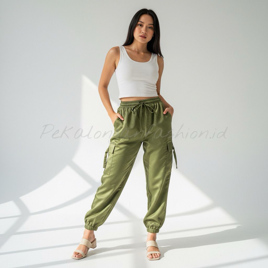 Pekalonganfashion.id - Celana Cargo Joger Wanita - Celana Cargo Wanita Warna Army
