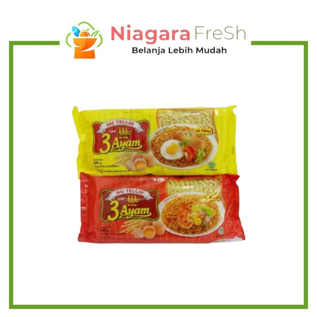 Mie Telur Cap 3 Ayam 200gr - Tersedia Bulat & Pipih