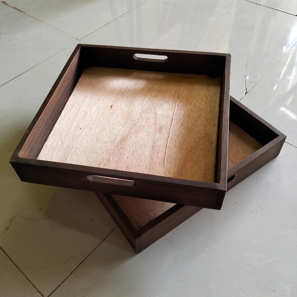 Baki Seserahan Rustic Kayu Jati Custom Finishing Coklat Tua Alas Triplek Tebal 1 cm